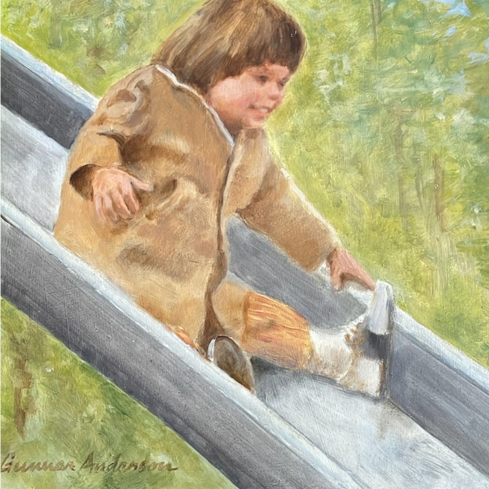 Oil painting on board of a child going down a slide